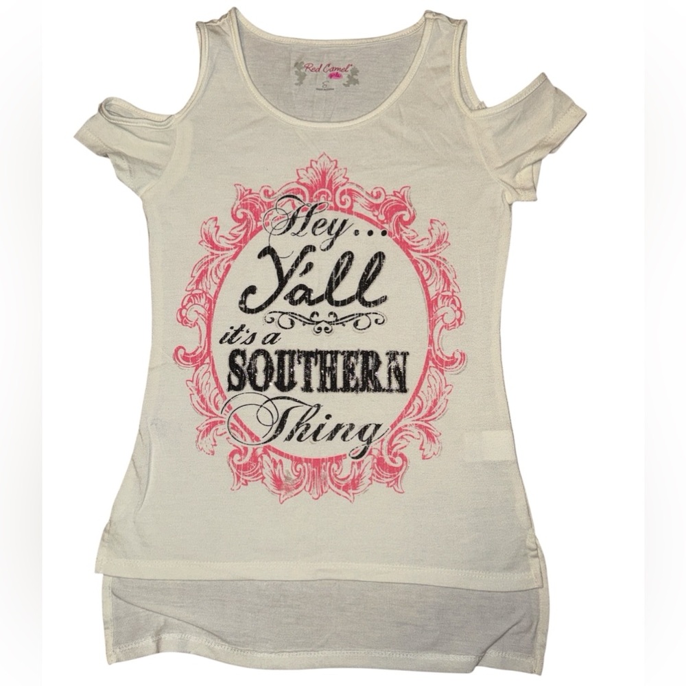 Red Camel Cold shoulder t-shirt with "Hey Y'all it's a SOUTHERN Thing” graphic
